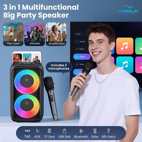 Portable Karaoke Bluetooth Party Speaker with Wireless Microphones