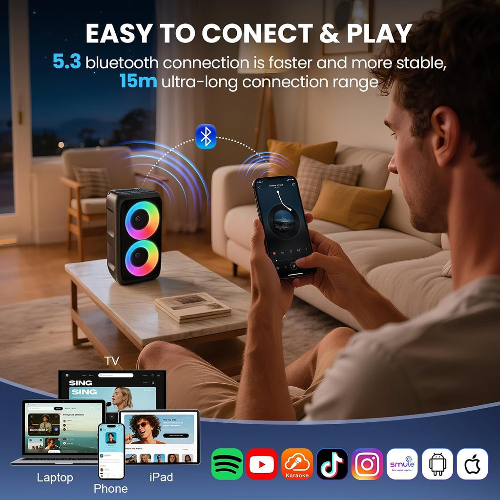 Portable Karaoke Bluetooth Party Speaker with Wireless Microphones