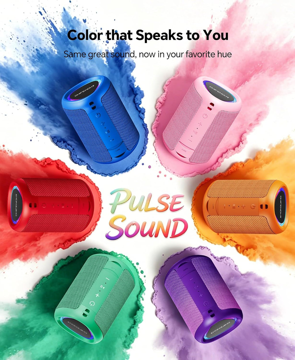 PulseSound Portable Bluetooth Speaker IPX5 Waterproof LED Lights